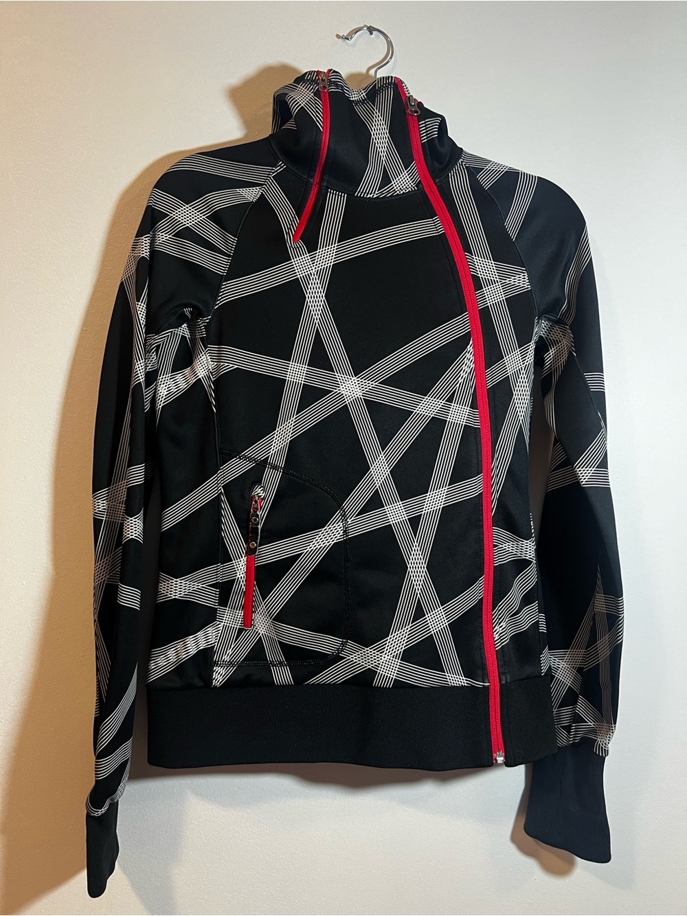 The North Face Black Geometric Bomber Jacket with Red Zippers